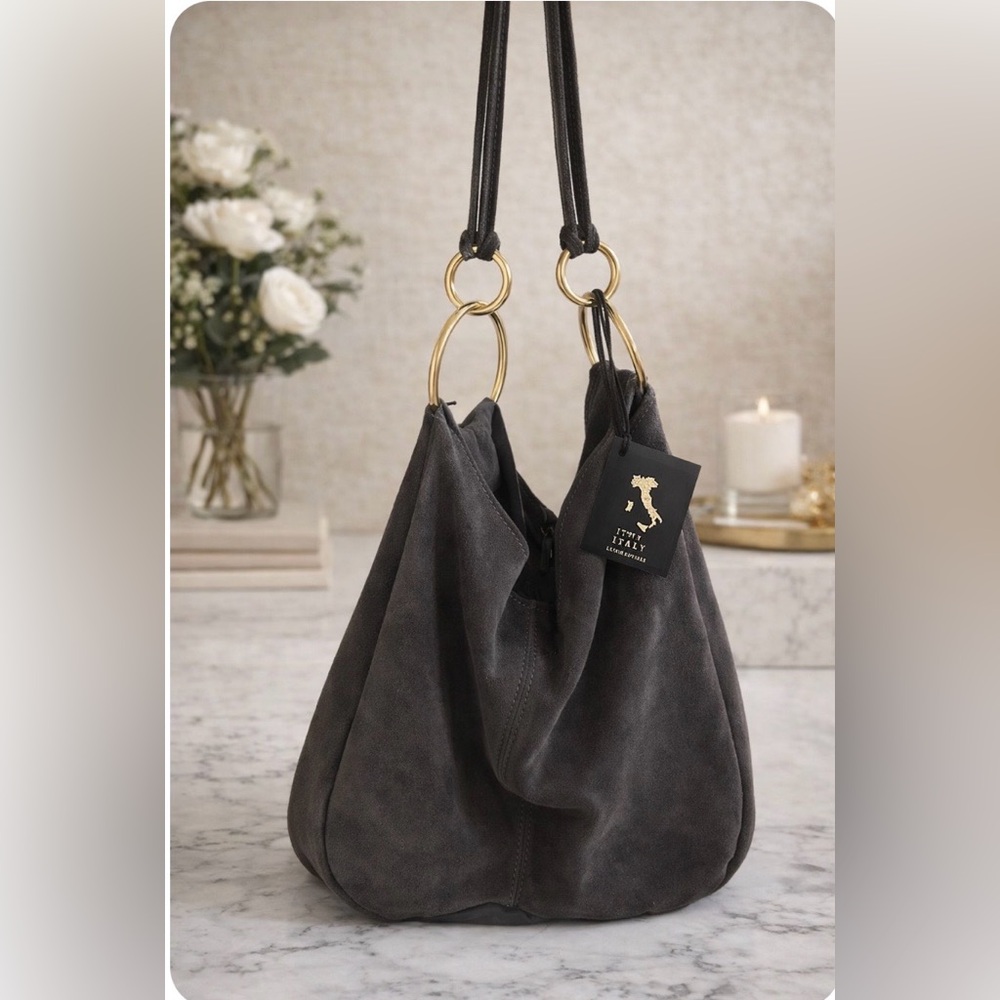 NWT Made in Italy Claudia Firenze Stylish Gray Suede Women's Shoulder Hobo Bag.